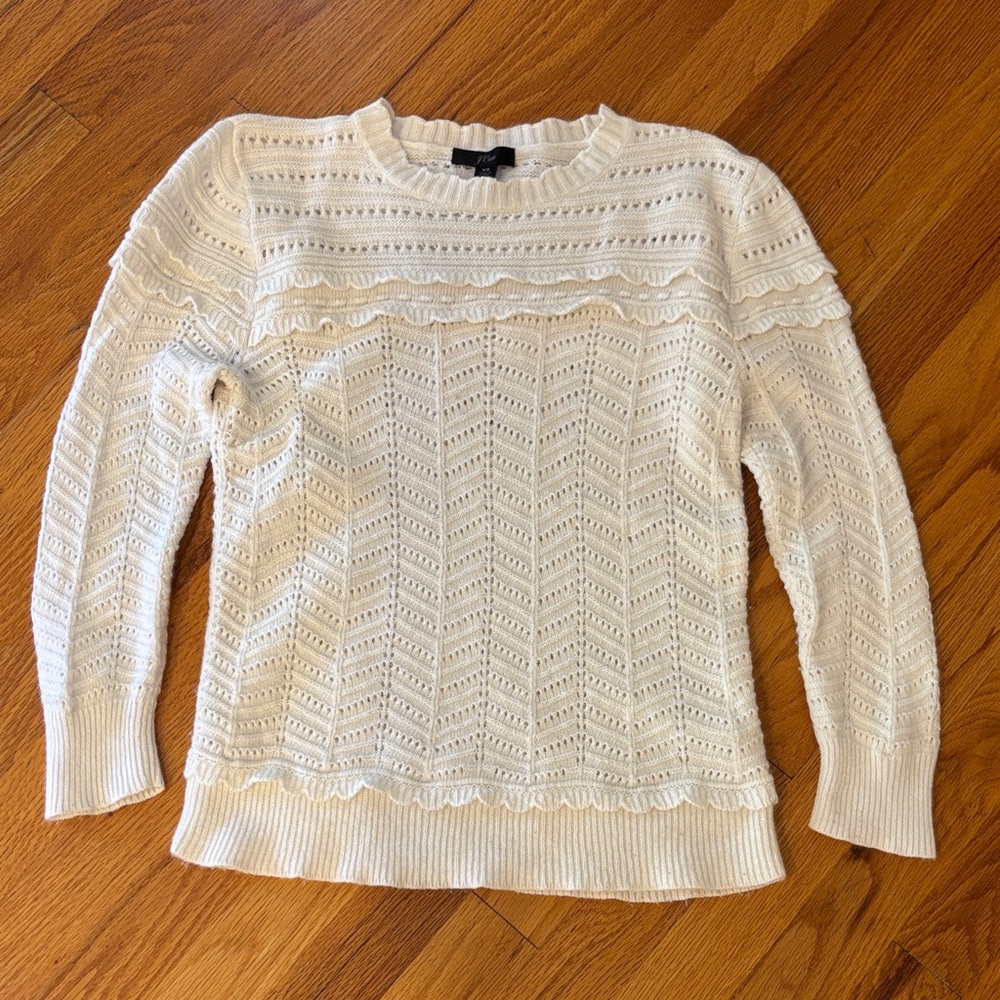 J. Crew Crewneck Wool Sweater Pointelle Scalloped Sweater in White/Cream Size XS